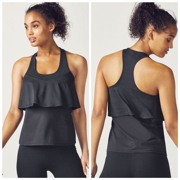 Fabletics Ashlynn Double Up Activewear Ruffle Tank Top Black Size XS NWT - Picture 1 of 13